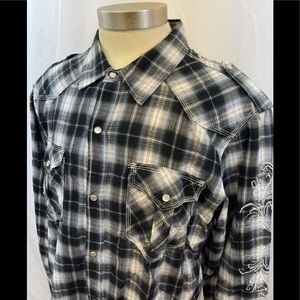 Mens Pop Icon Plaid Shirt Pearl Snap Long Sleeve Rockabilly Size XL Buckle